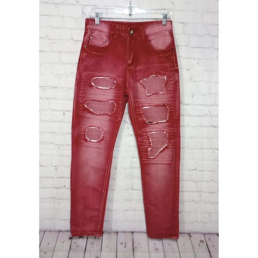 GB18401-2010 classic B FZ/t81006-2007 Men's Size 28x30  Distressed Red Jeans